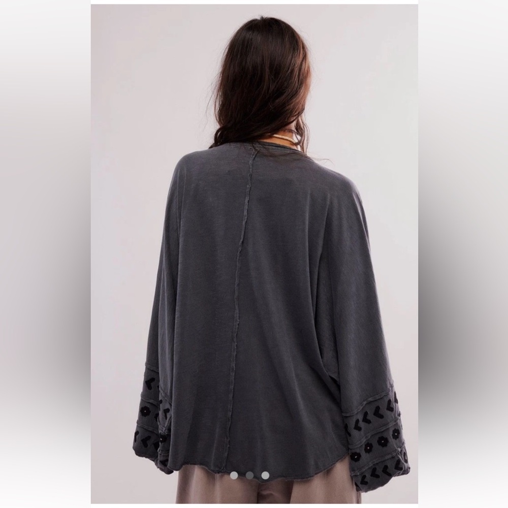 Free People Savannah Embroidered Top Balloon Sleeves Slouchy Wash Black - Picture 2 of 5